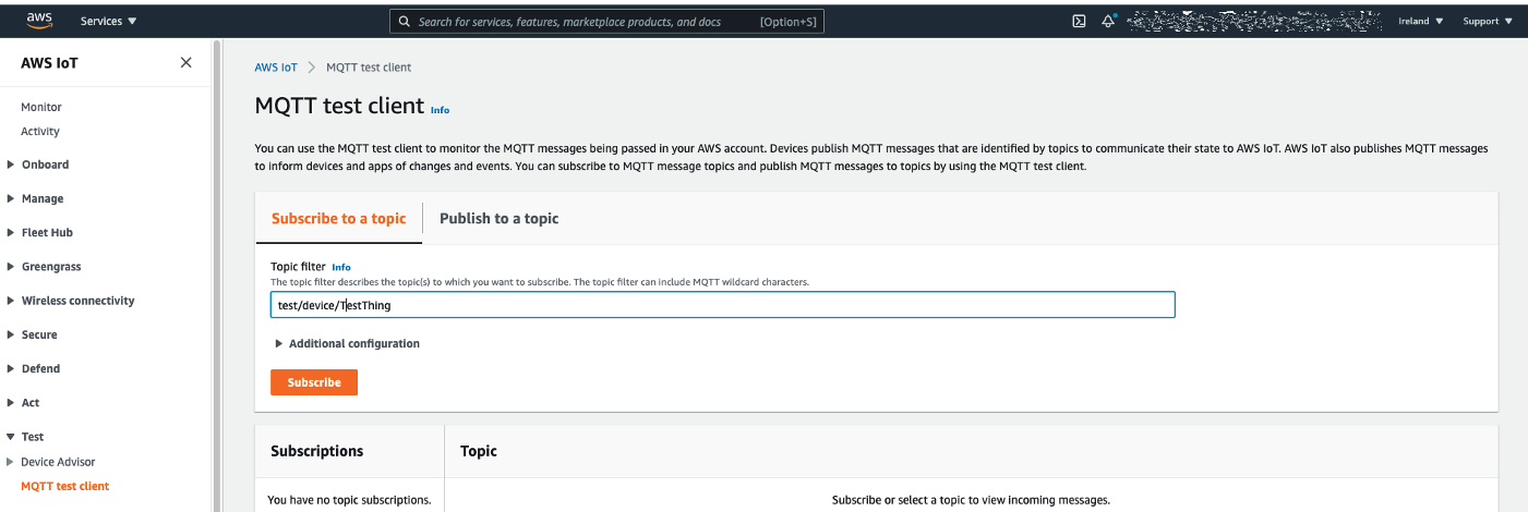 AWS IoT Core console MQTT test client