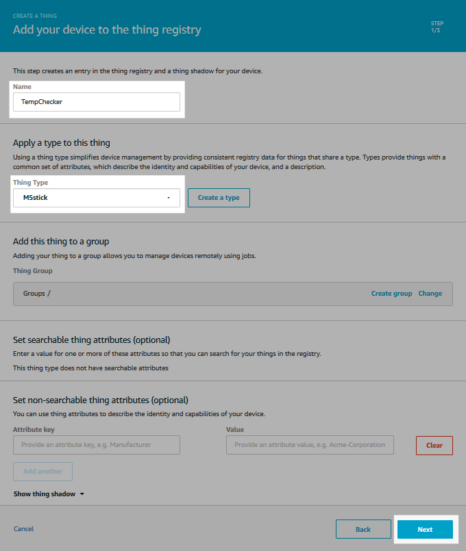 Screenshot of the form to add your device to the thing registry.