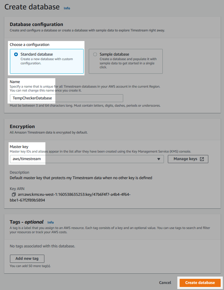 Screenshot of the database creation form.