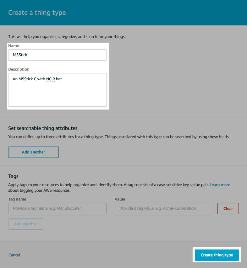 Screenshot of the thing type creation form.