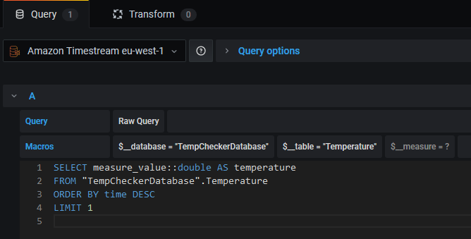Screenshot of the query configuration for the temperature gauge panel.