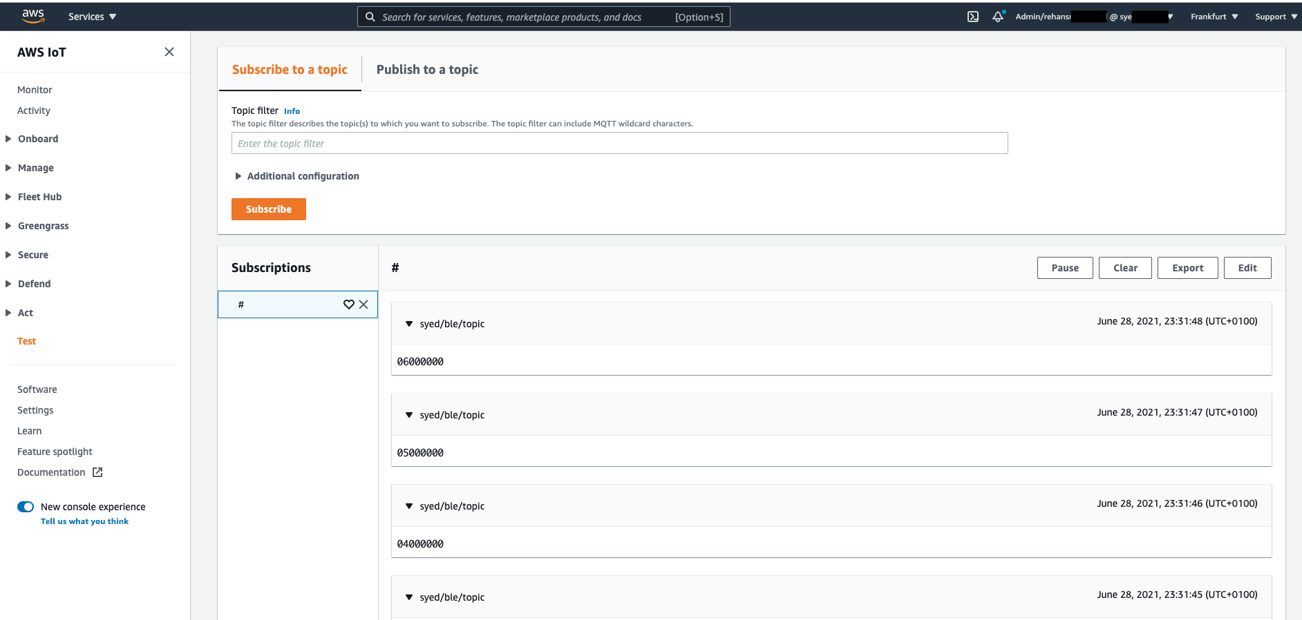 iot core test client mqtt messages