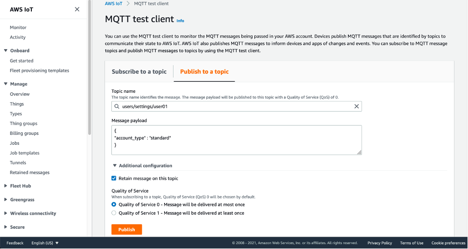 Screenshot showing how to publish a retained message using the MQTT test client within the AWS Console