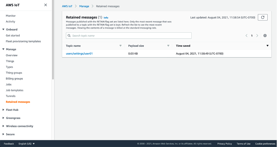 Screenshot showing the Retained message page with the AWS IoT console