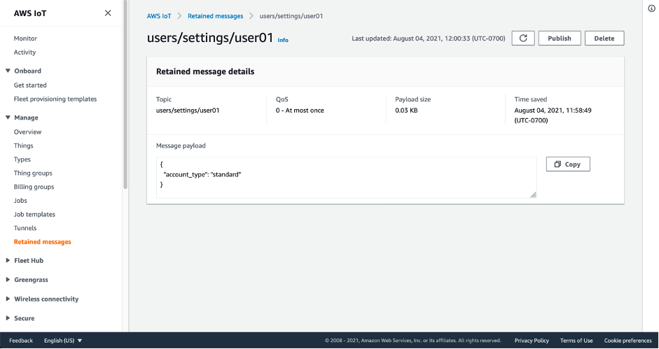 Screenshot showing the details of a retained message within the AWS IoT console