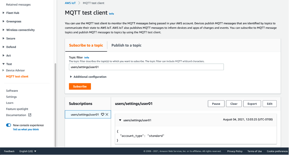 Screenshot of the MQTT test client subscribing to a topic with a retained message