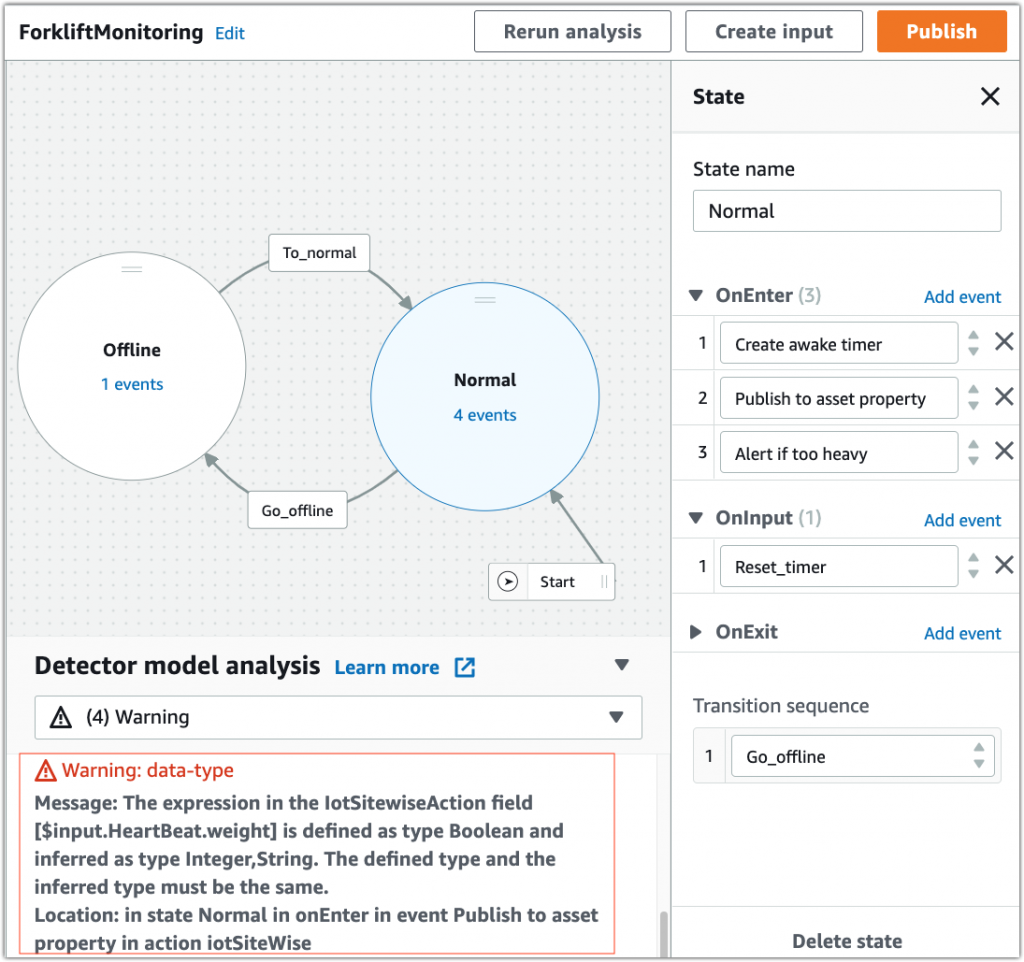 Warning reported by AWS IoT Events on the IotSitewiseAction in the ForkliftMonitoring detector model