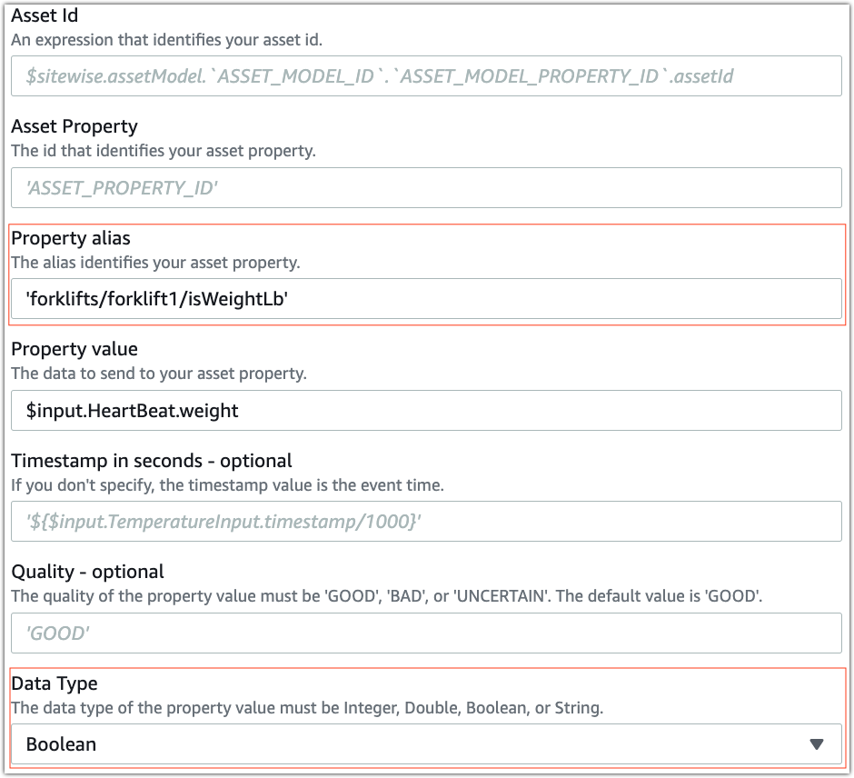 AWS IoT SiteWise action showing the property alias and data type fields highlighted