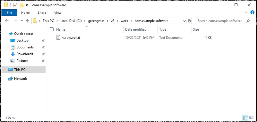 Windows explorer screen showing the successful execution of the batch file that created a hardware.txt file