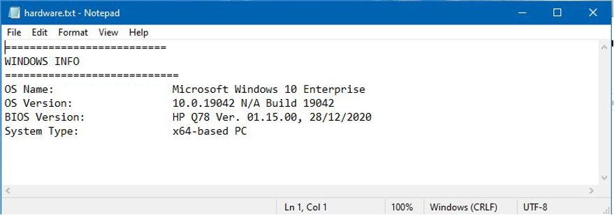 Windows Notepad screen showing the contents of the hardware.txt file created