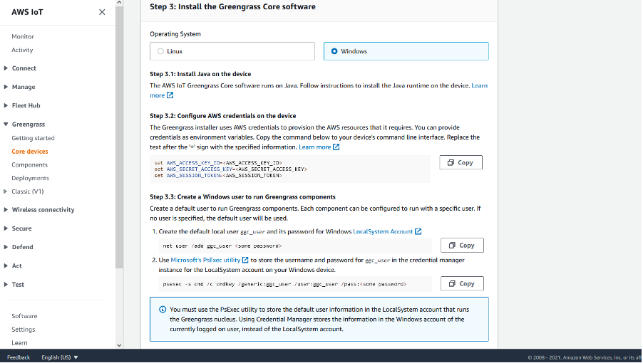 AWS IoT Greengrass screen showing Windows selection and the related steps to install on Windows.