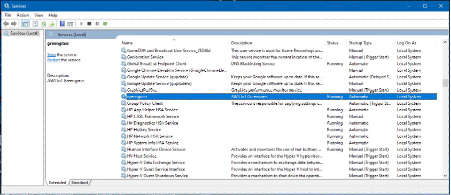 List of Windows services showing AWS IoT Greengrass is running 