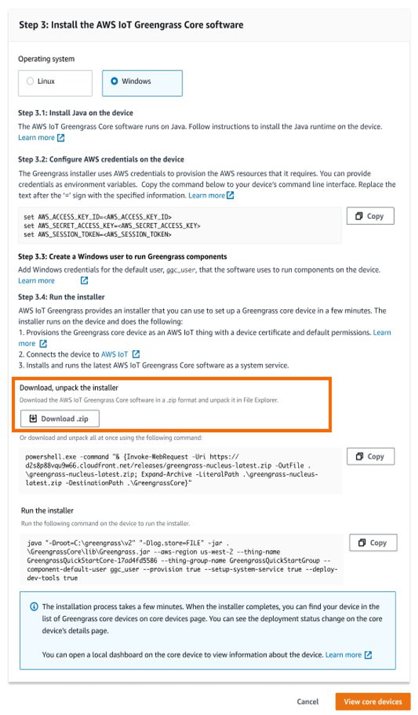 Install AWS IoT Greengrass step 3 that gives you an option to download and unpack the installer file