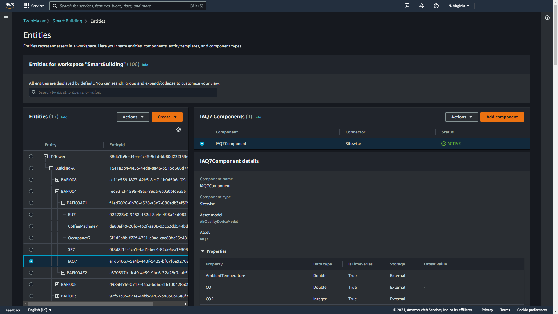 Screenshot of TwinMaker console showing entities, components, hierarchy, etc.