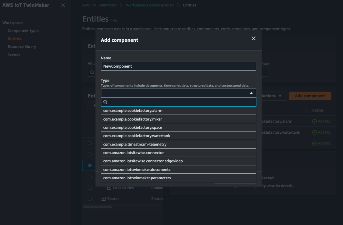 User interface for creating a component in AWS IoT TwinMaker
