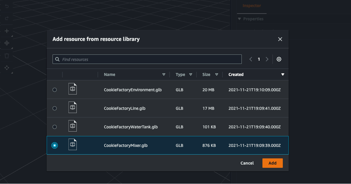 User interface for adding a 3D model from the resource library in AWS IoT TwinMaker
