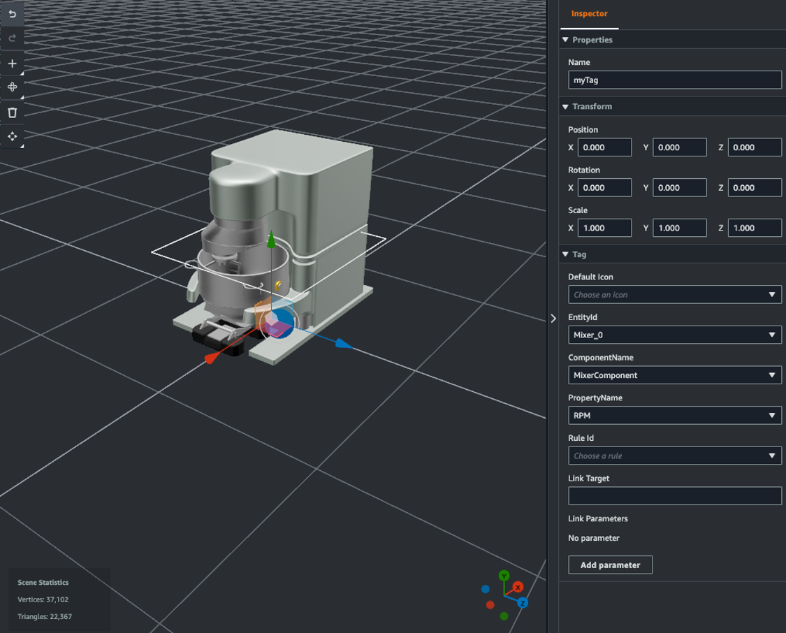 Scene composer user interface in AWS IoT TwinMaker showing an added tag