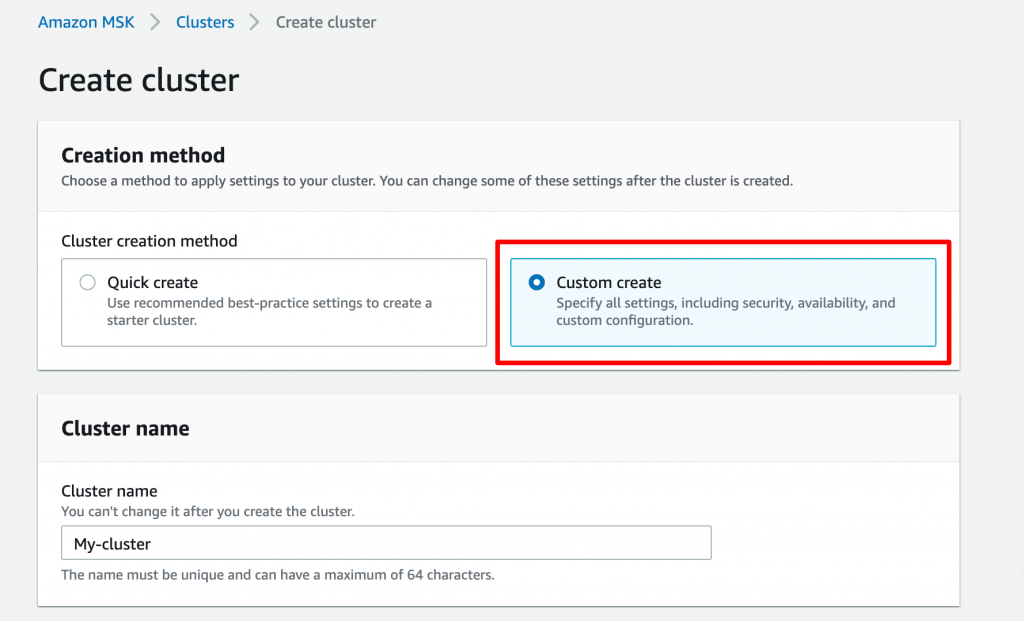 Amazon MSK create cluster
