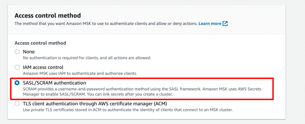 Selecting the SASL/SCRAM authentication method for your Amazon MSK cluster