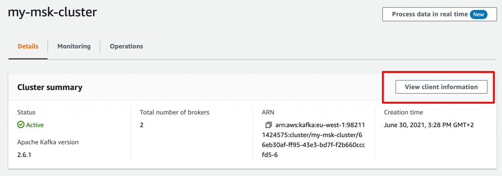 View client information to connect to your Amazon MSK cluster