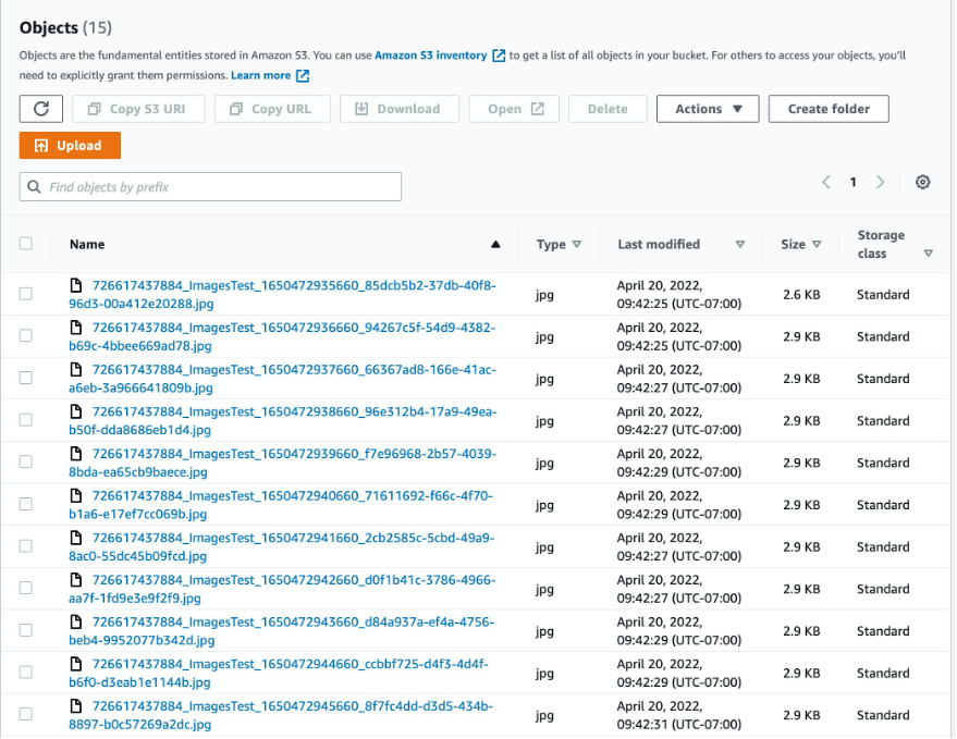 A screenshot of the AWS S3 Console displaying a list of images that are stored in an S3 bucket.