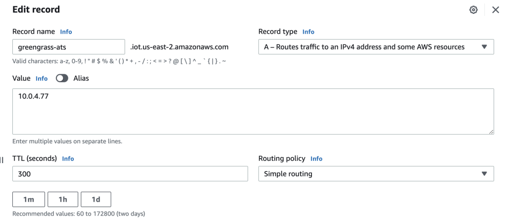 Greengrass A record created under the IoT core Hosted Zone 