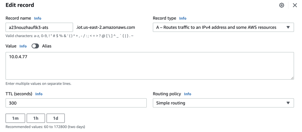 IoT Core A record created under the IoT Core Hosted Zone