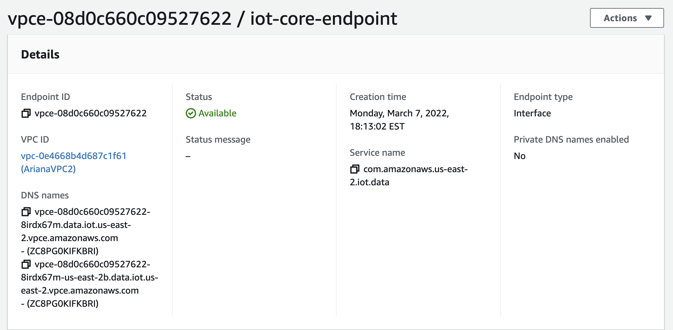 Screenshot of AWS IoT Core VPC endpoint configured to provide a private connection to the AWS IoT core service