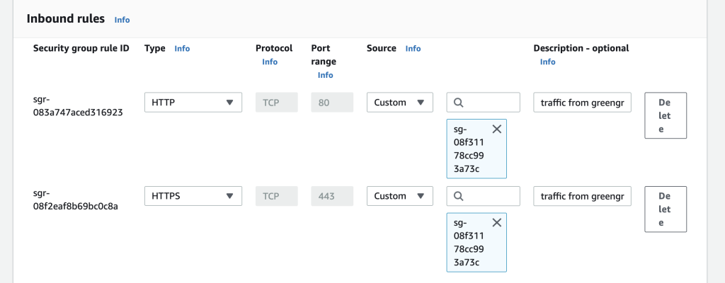 Screenshot of security group configured to allow traffic from AWS IoT Greengrass edge runtime to Amazon CloudWatch logs VPC endpoint