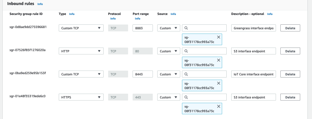 Screenshot of security group configured to allow traffic from AWS IoT Greengrass to Amazon S3, AWS IoT Core, and AWS IoT Greengrass endpoints
