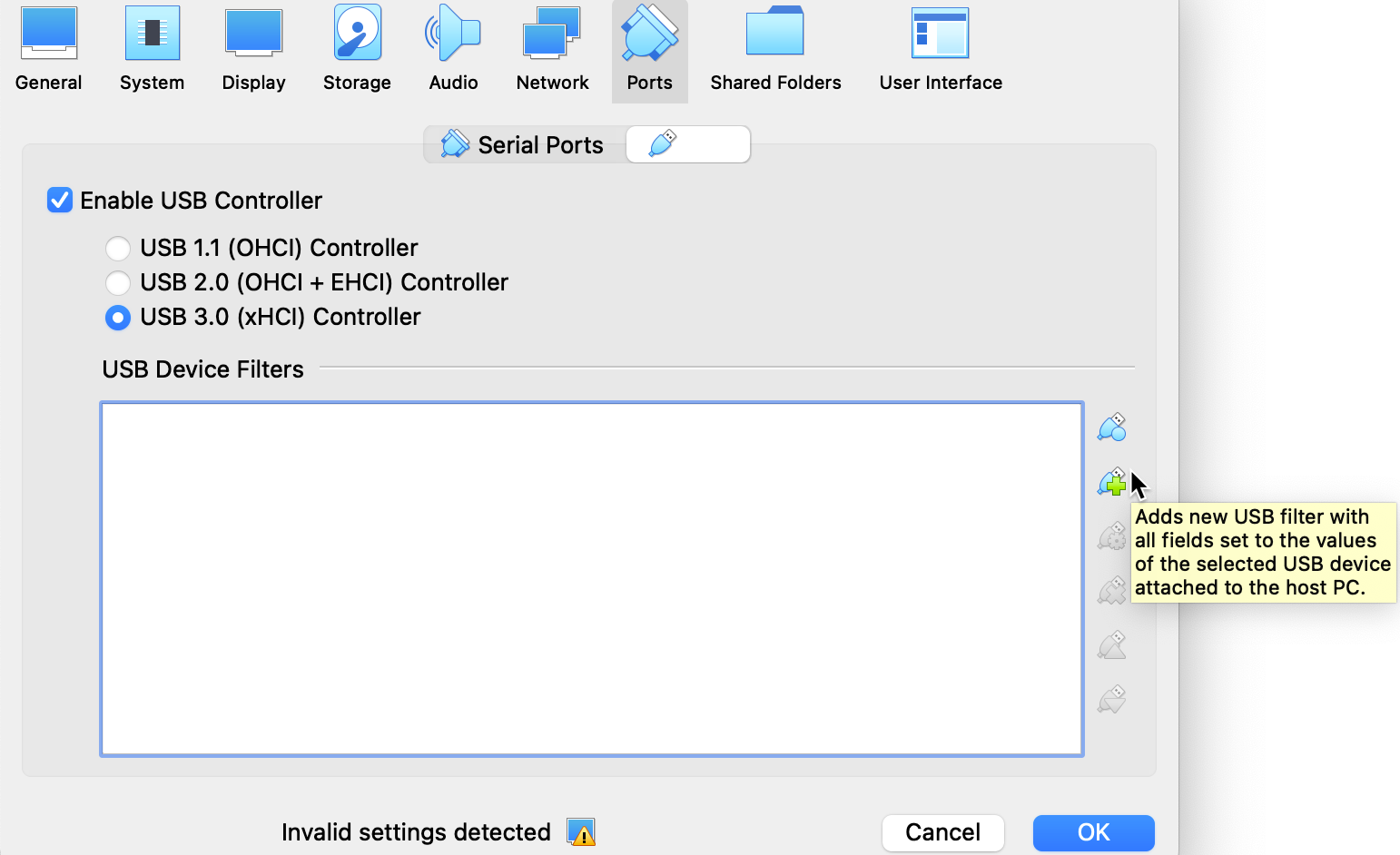 The VirtualBox GUI showing USB 3.0 enabled but no devices in the allow list