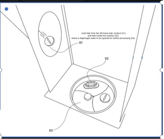 Pill dispensing machine canister. A pill falls from the left-hand side conduct (01), and falls inside the canister (02), where a diaphragm waits to be opened for further processing (03).