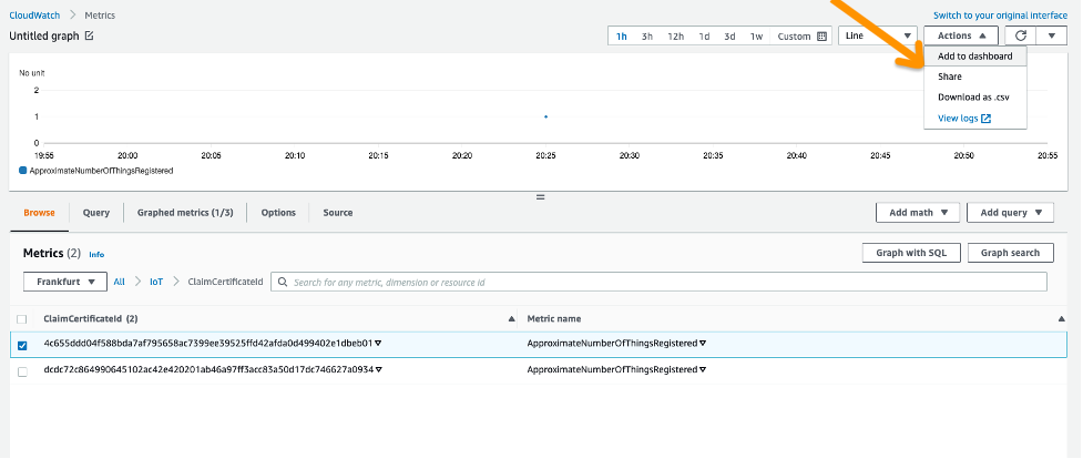 How to add metrics to the dashboard by selecting the metric in lower pane then clicking add to dashboard using drop-down action menu at the top right.