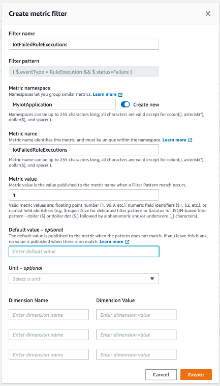 Create metric filter dialog box