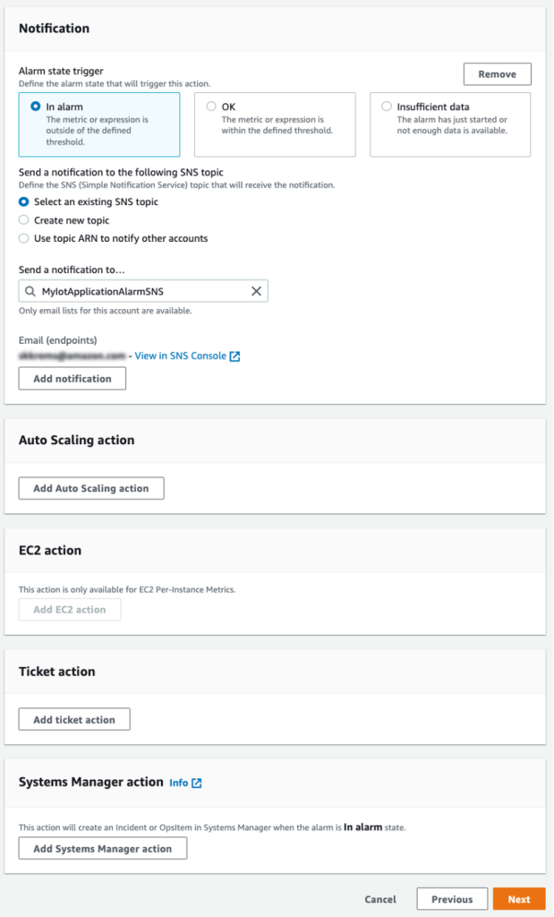 Form showing configuration options for the alarm notifications