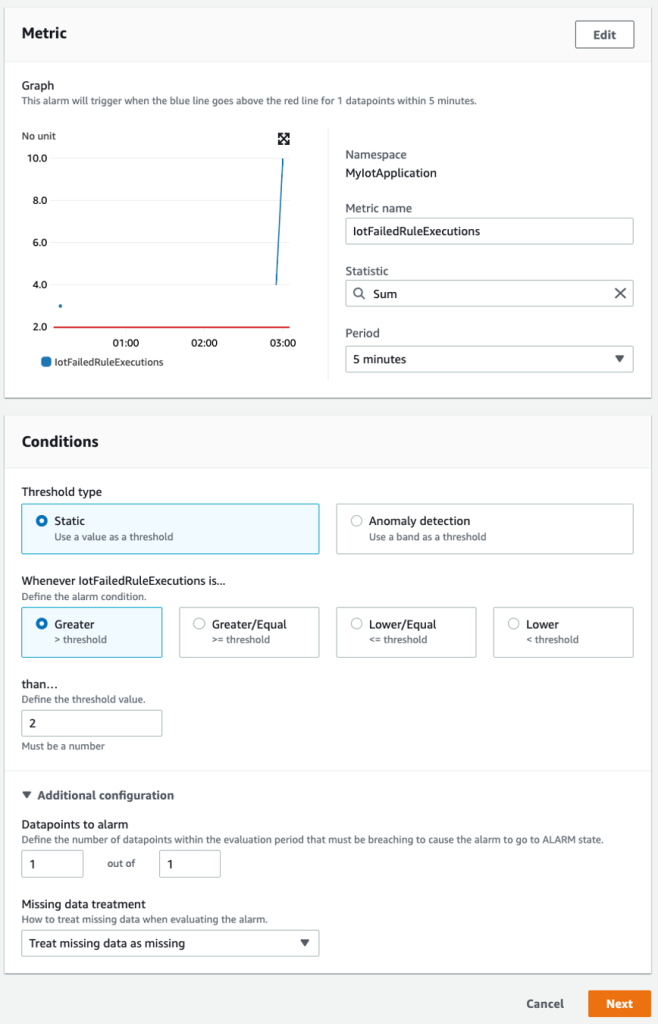 Form that allows you to adjust the metric alarm configuration