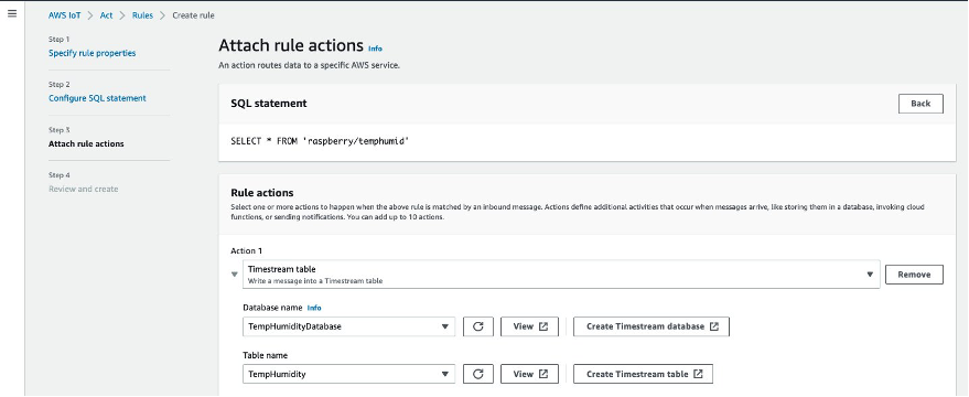 Figure 4: The IoT Core rule to write data on Timestream