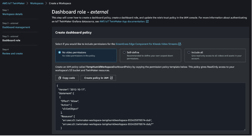 Figure 7: Creating the Amazon Managed Grafana dashboard role and policy
