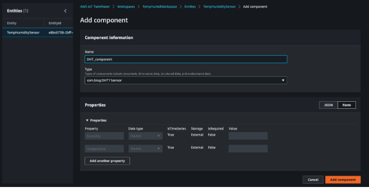 Figure 11: Adding the AWS IoT TwinMaker component to the Entity