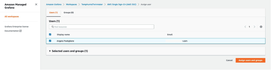Figure 3: Assign a user to the Amazon Managed Grafana workspace