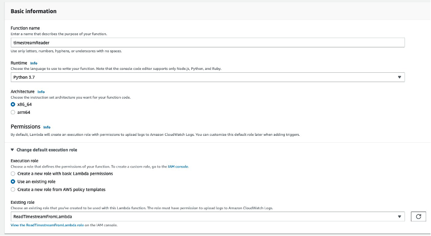 Figure 5: Creating the Lambda function to read data from Amazon Timestream