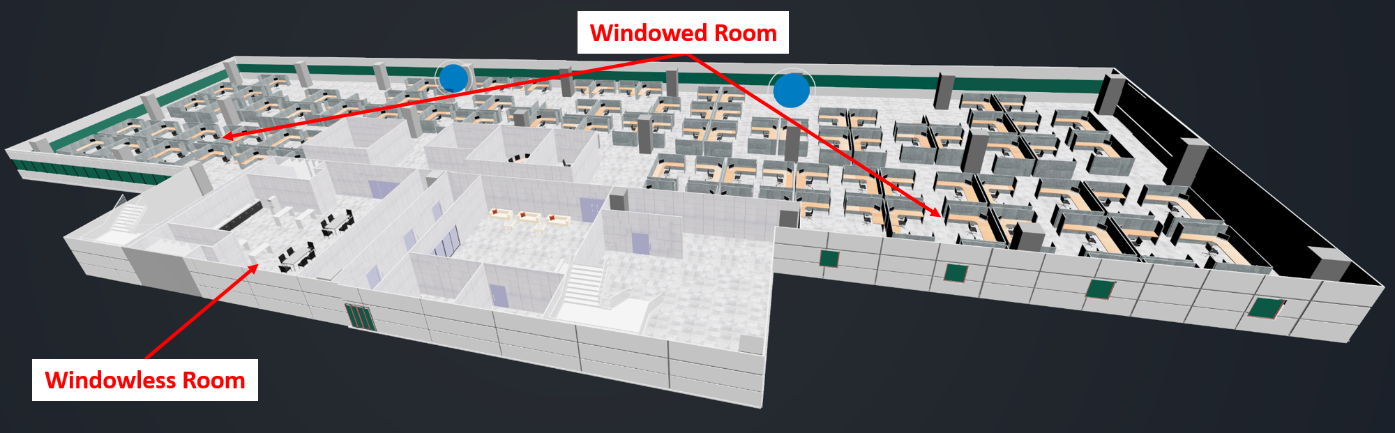 3D visualization of floor pointing out rooms with windows and rooms that are windowless; this provides the contextualization for the building manager to form a hypothesis