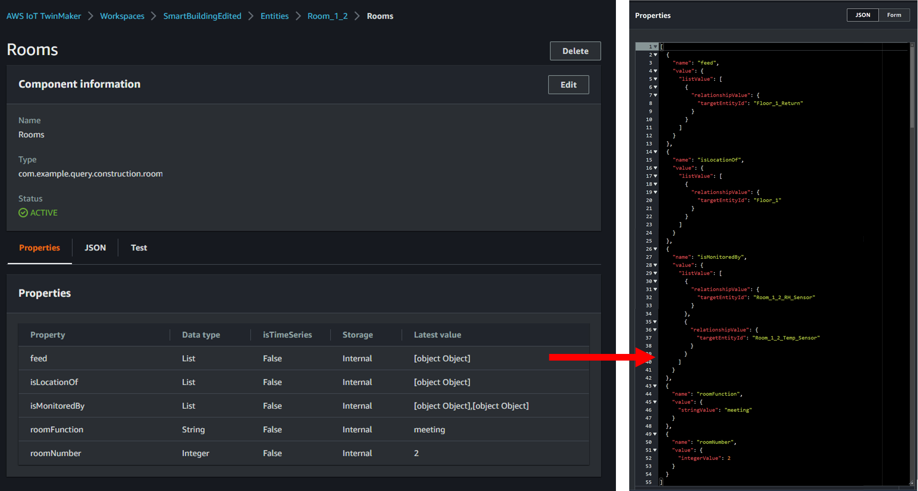 View of Room component and the accompanying JSON to configure the attributes and relationships