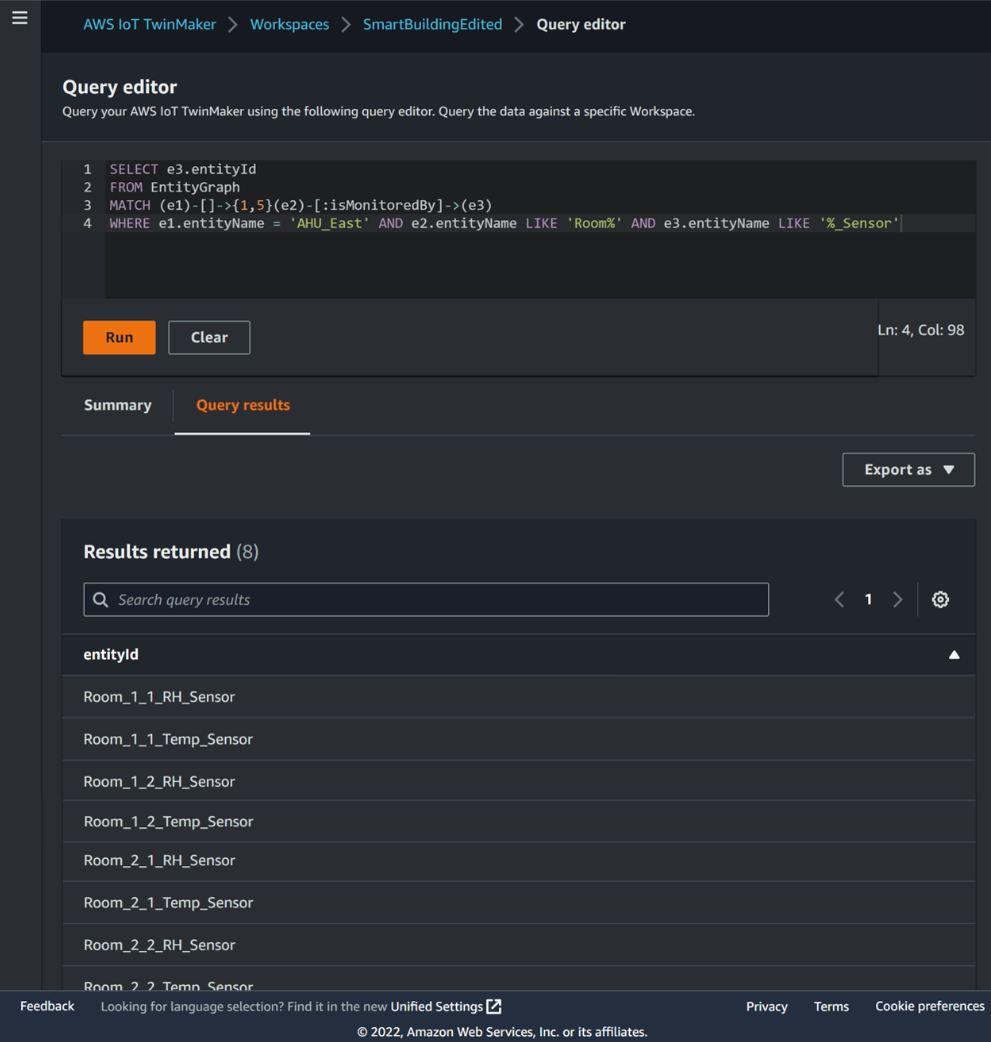 PartiQL Query in AWS IoT TwinMaker console for getting all room sensors on East HVAC loop and the results