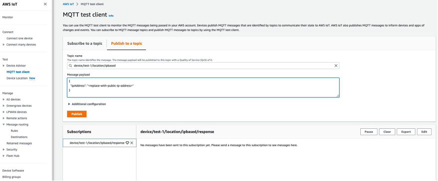 Figure 2 – Publish to a topic screen in MQTT test client