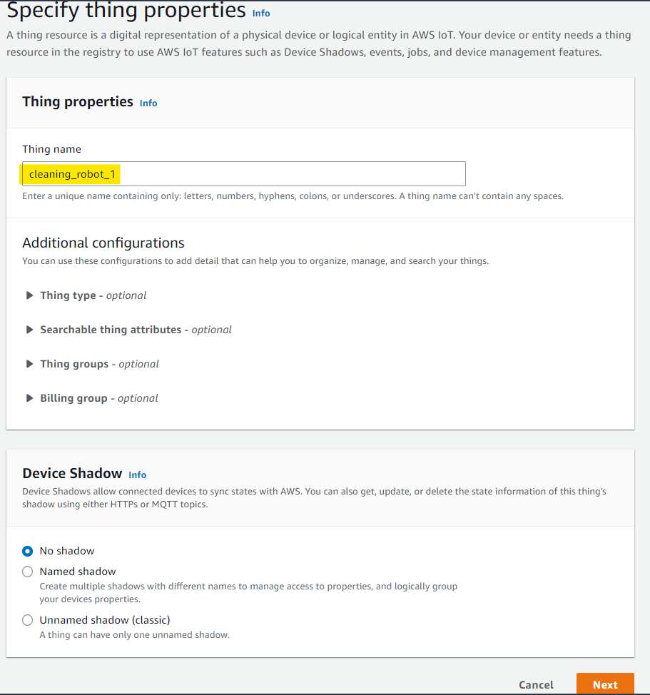 Figure 5 - Creating IoT Thing on AWS IoT Core