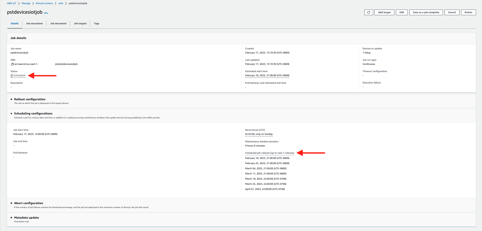 AWS IoT コンソールのスクリーンショットで、AWS IoT ジョブがスケジュール済みのステータスを表示しています。