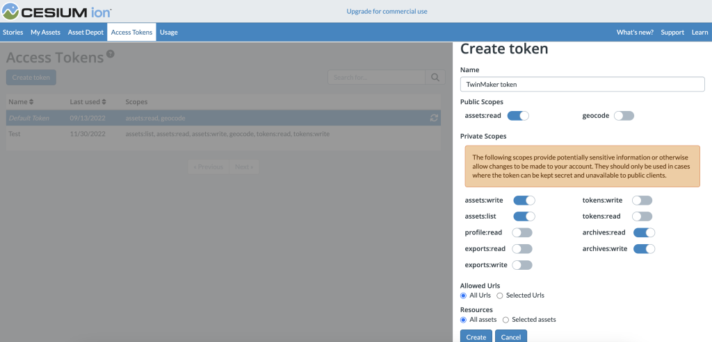 Cesium ion access token generation: toggle on the permissions in this image