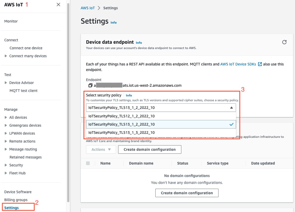 Figure 2: Device data endpoint - Select Security Policy