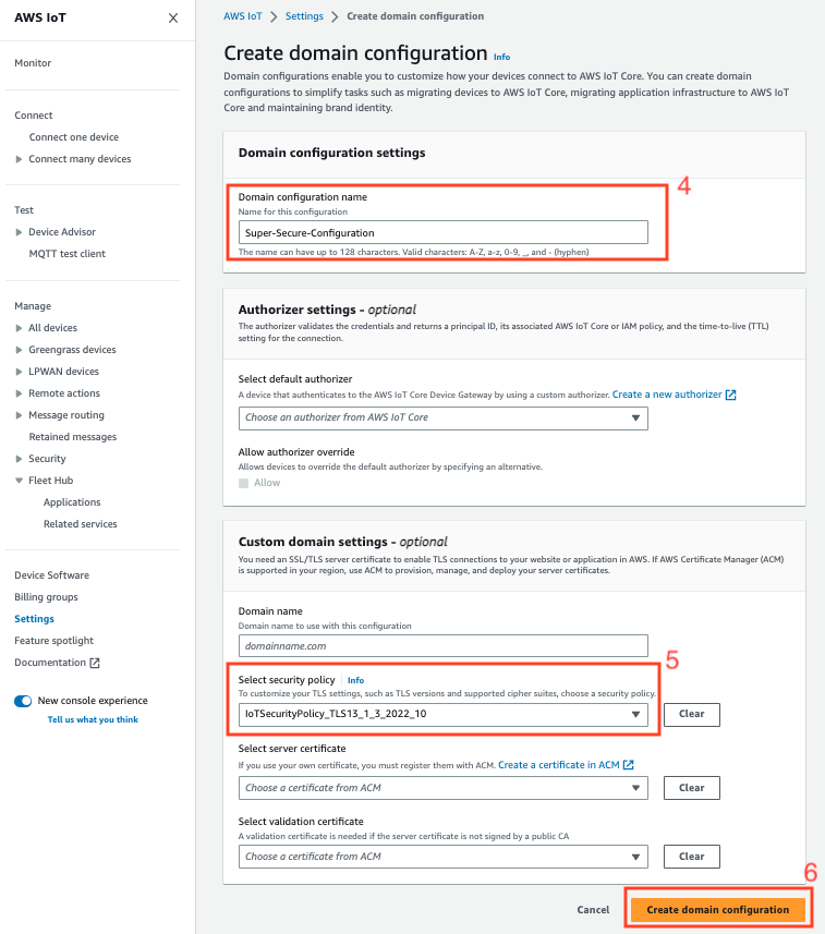 Figure 3: Create domain configuration with TLS1.3 only